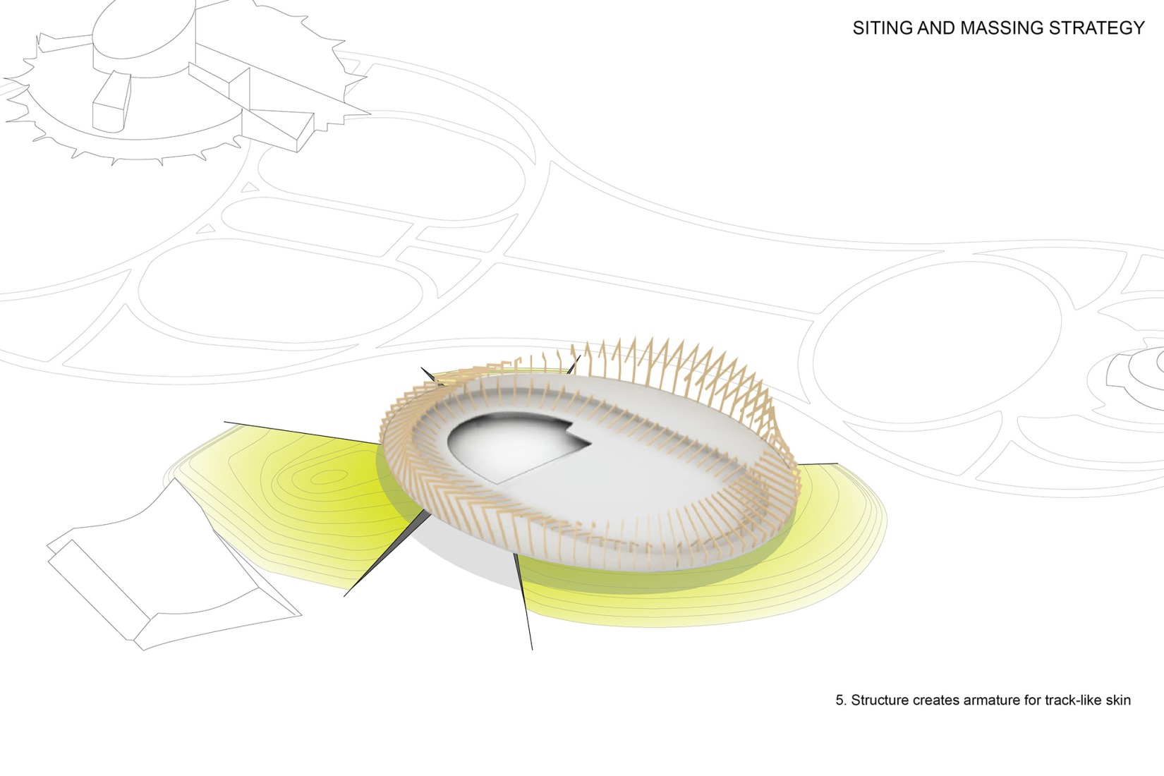 Massing diagram. Coronation Park by HCMA + Dub Architects + FaulknerBrowns.