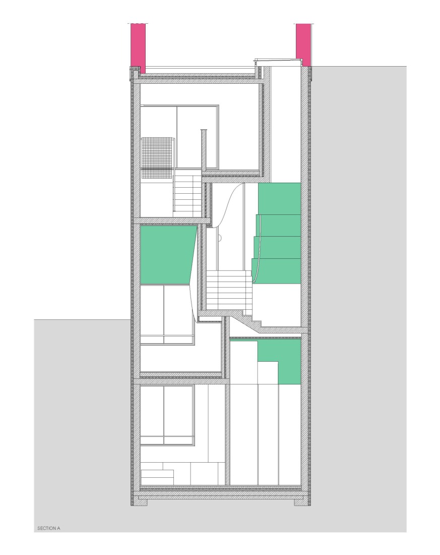 Sección. Vivienda con chimeneas rosas por Fala Atelier.