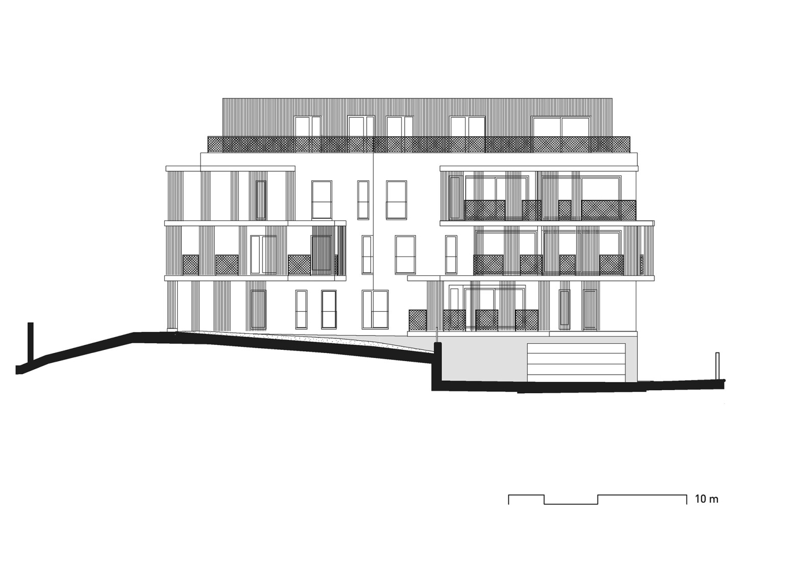 East elevation. Mánesova Apartment Building by OK PLAN ARCHITECTS.