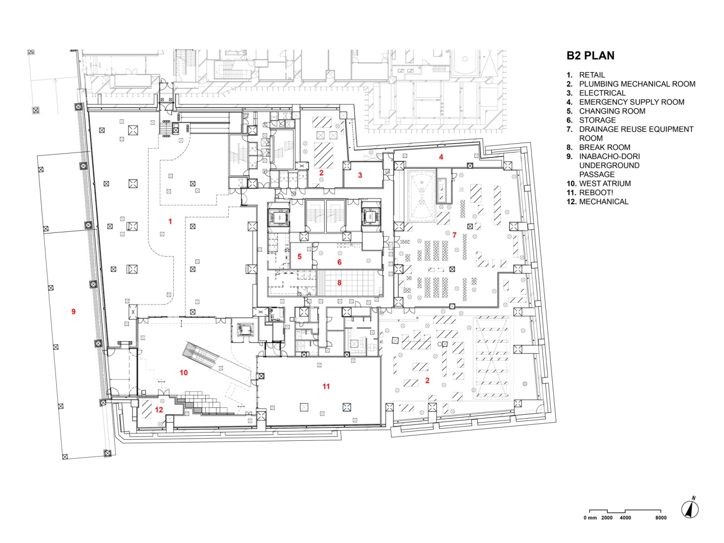 -1 basement floor plan. Tenjin Business Center II by OMA. 