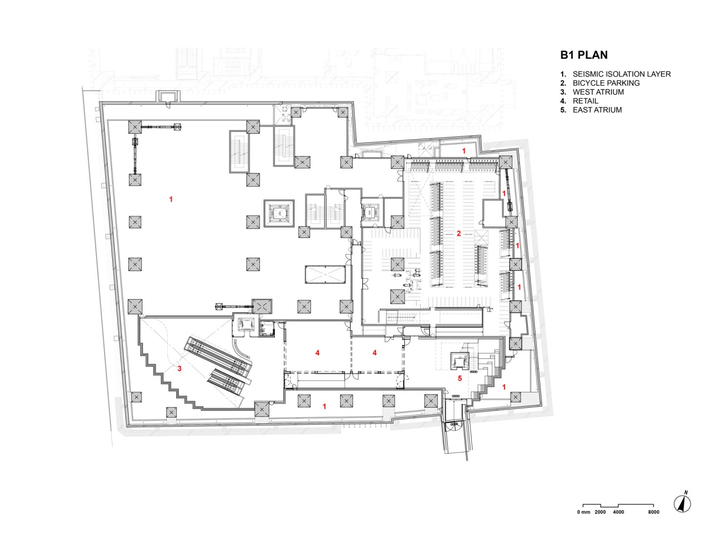 -2 basement floor plan. Tenjin Business Center II by OMA. 