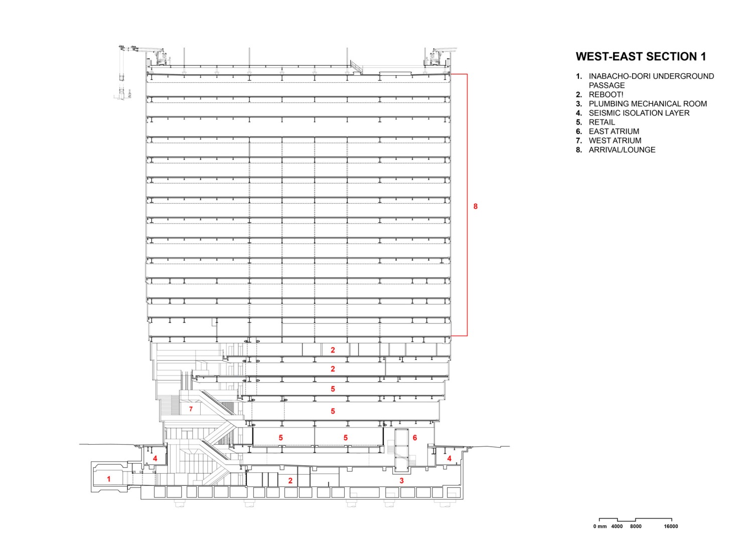 West-East Section. Tenjin Business Center II by OMA. 