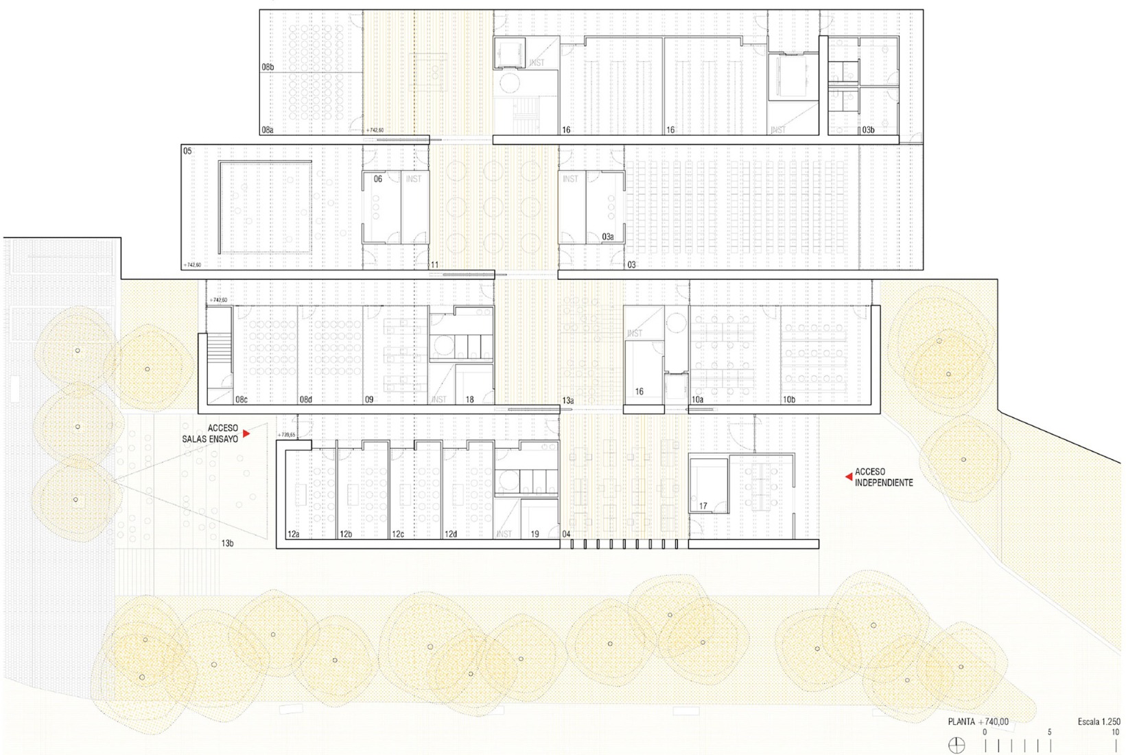 Plano de planta +740m. Espacio Joven en Parquesol por Pereira-Royo Arquitectos.
