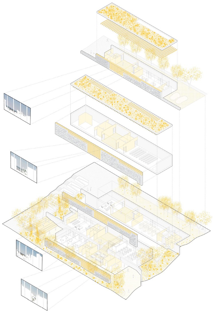 Axonometría. Espacio Joven en Parquesol por Pereira-Royo Arquitectos.