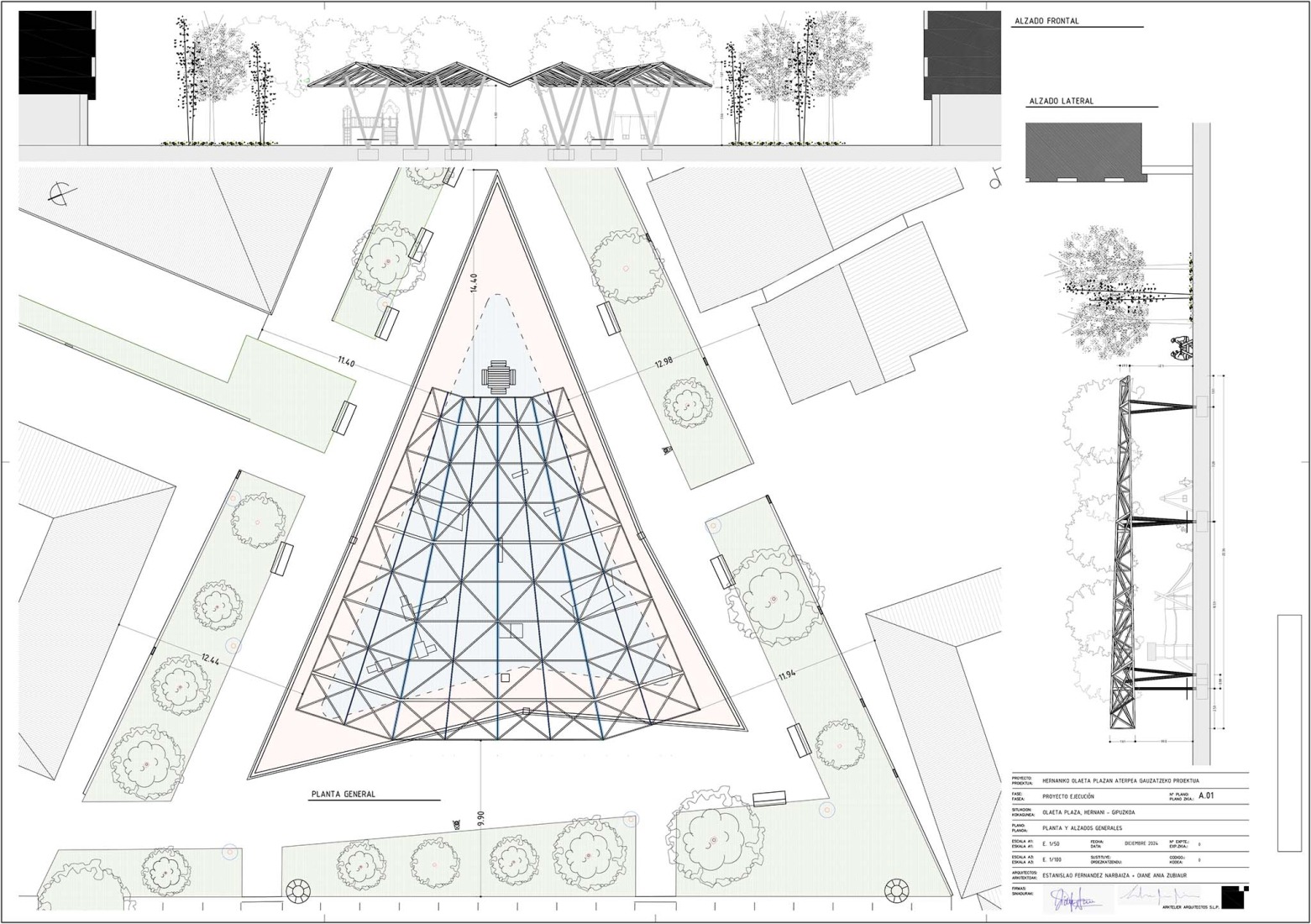 Plano de planta. Cubierta para parque infantil en Hernani por Arktelier.