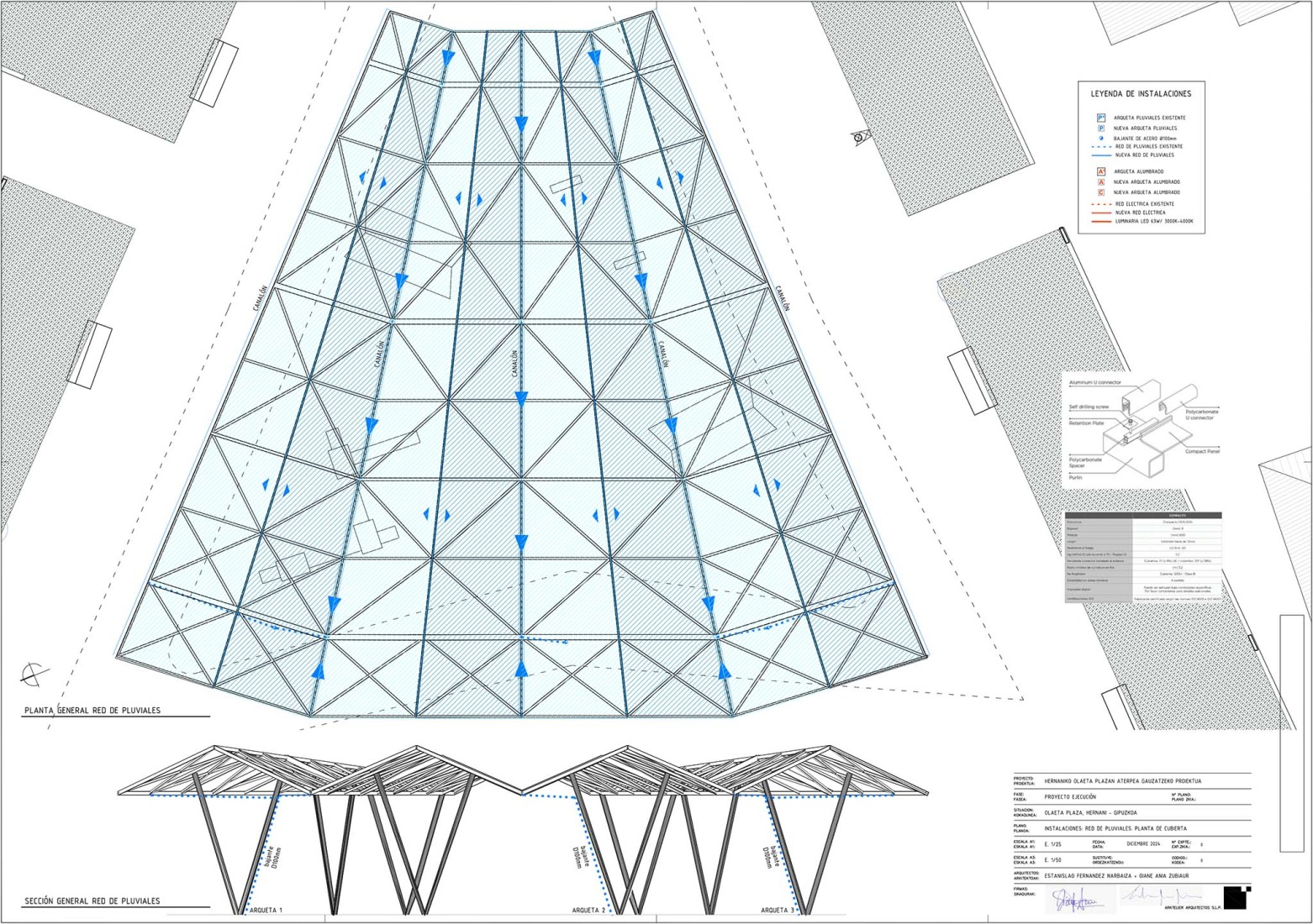 Plano de red de pluviales. Cubierta para parque infantil en Hernani por Arktelier.