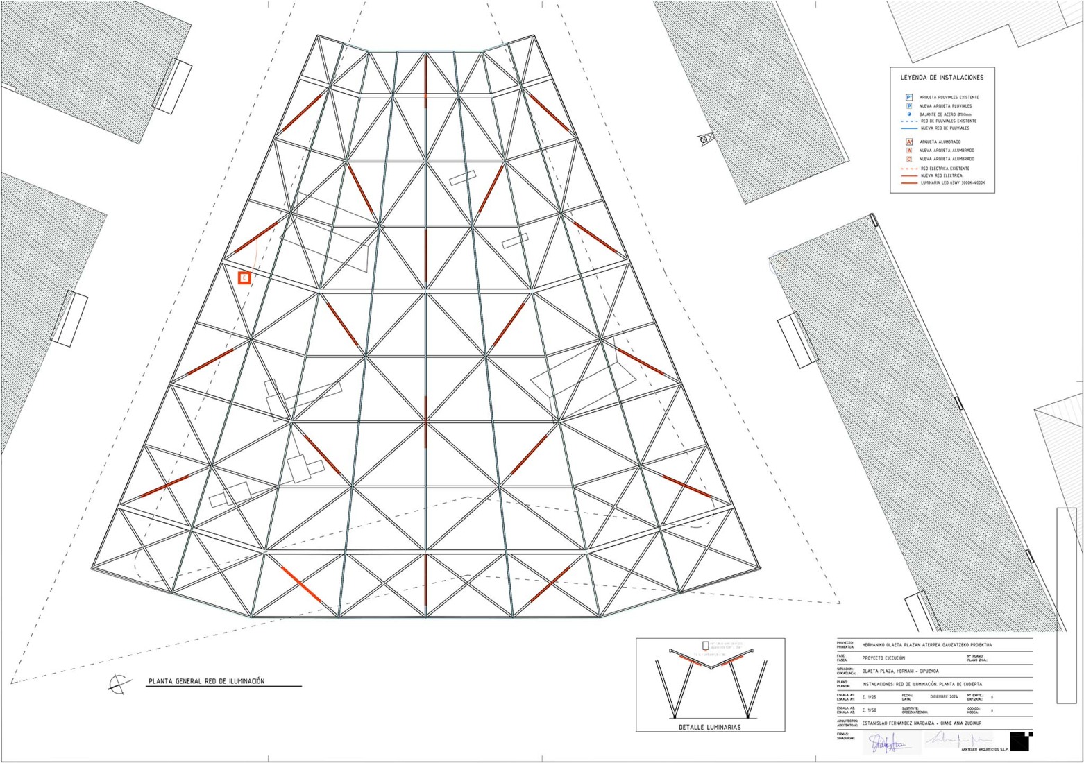 Plano de red de iluminación. Cubierta para parque infantil en Hernani por Arktelier.