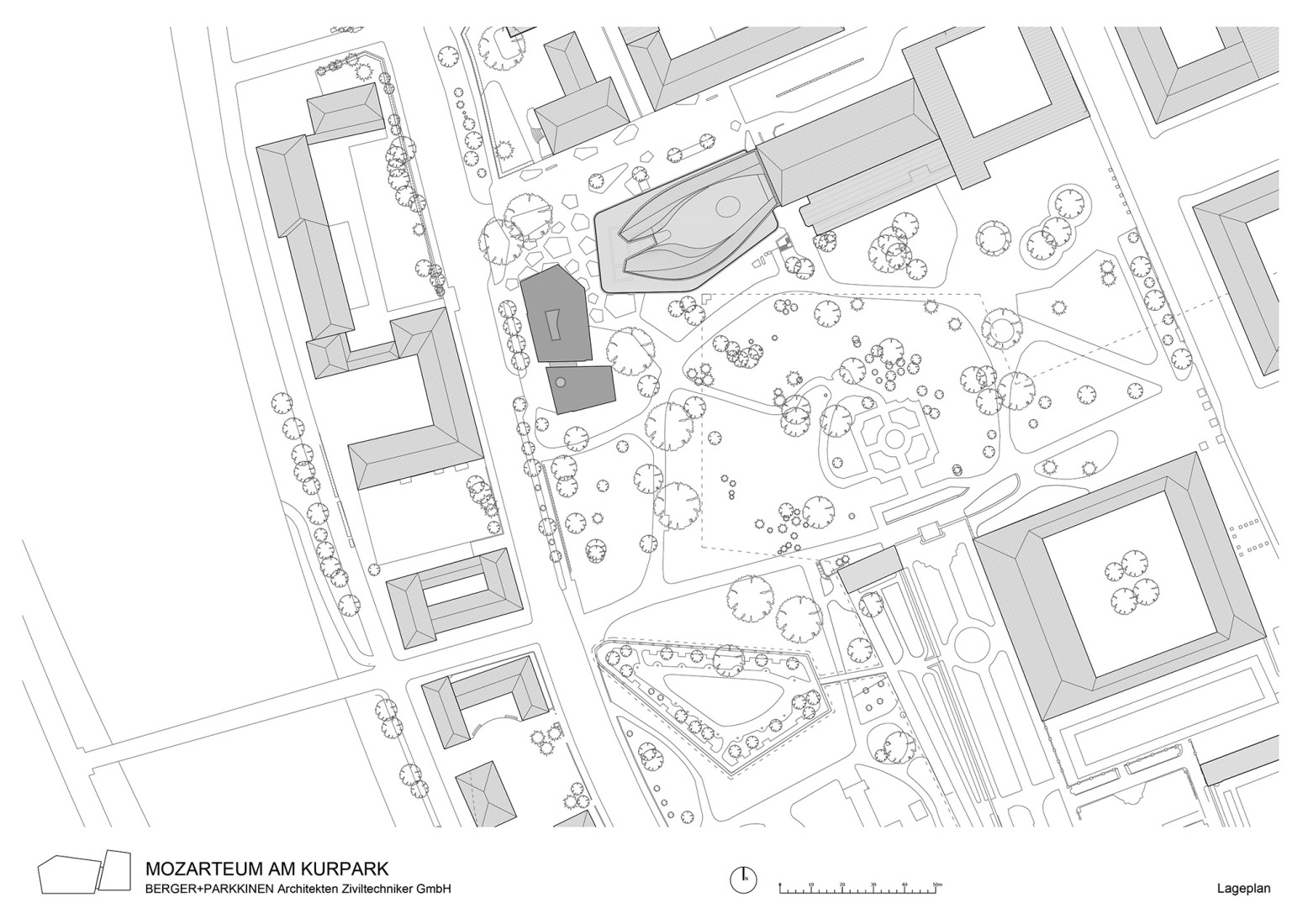Site plan. Mozarteum University at the Kurgarten (UMAK) by Berger+Parkkinen.