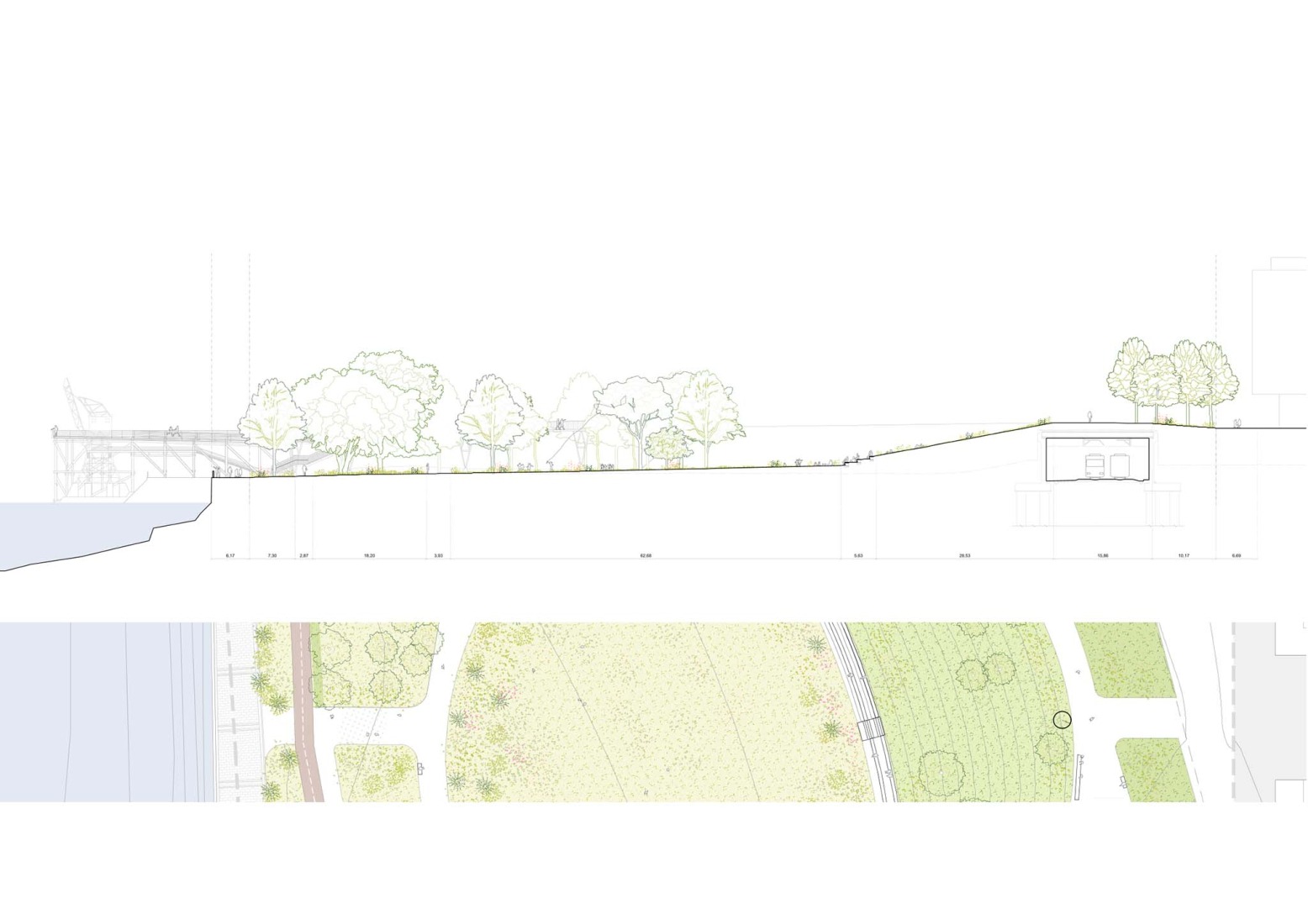 Sección. Parque Zamalanda de la Ribera del Nervión por Burgos & Garrido Arquitectos. 
