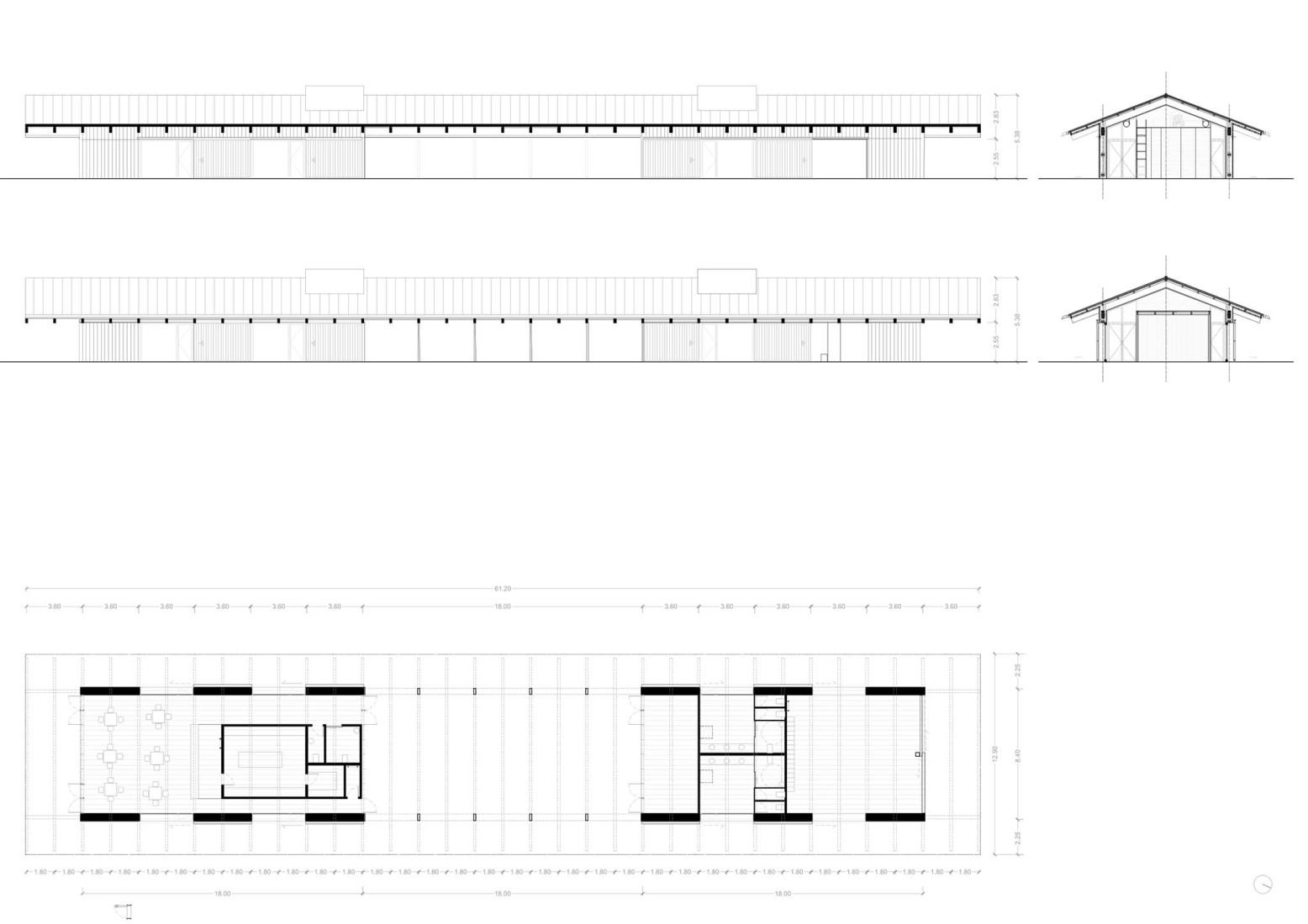 Alzado y plano de planta. Parque Zamalanda de la Ribera del Nervión por Burgos & Garrido Arquitectos.