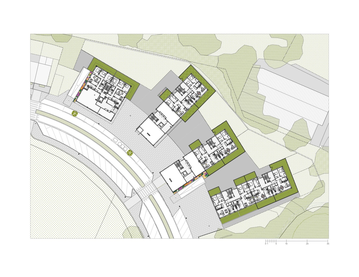 Plano de planta baja. 4 edificios de 74 viviendas sociales en Valdecorvos por Díaz y Díaz Arquitectos.