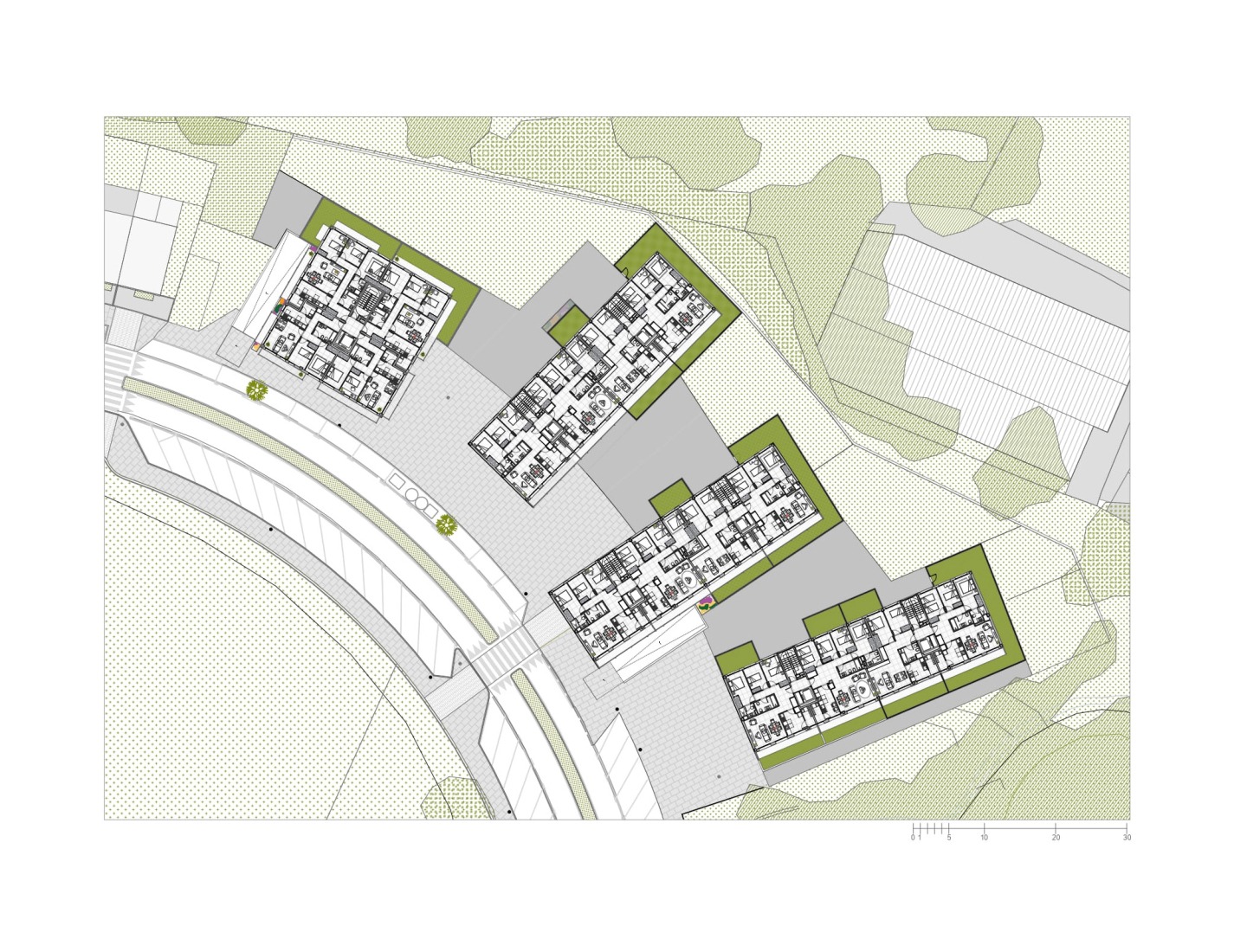 Plano de planta tipo. 4 edificios de 74 viviendas sociales en Valdecorvos por Díaz y Díaz Arquitectos.