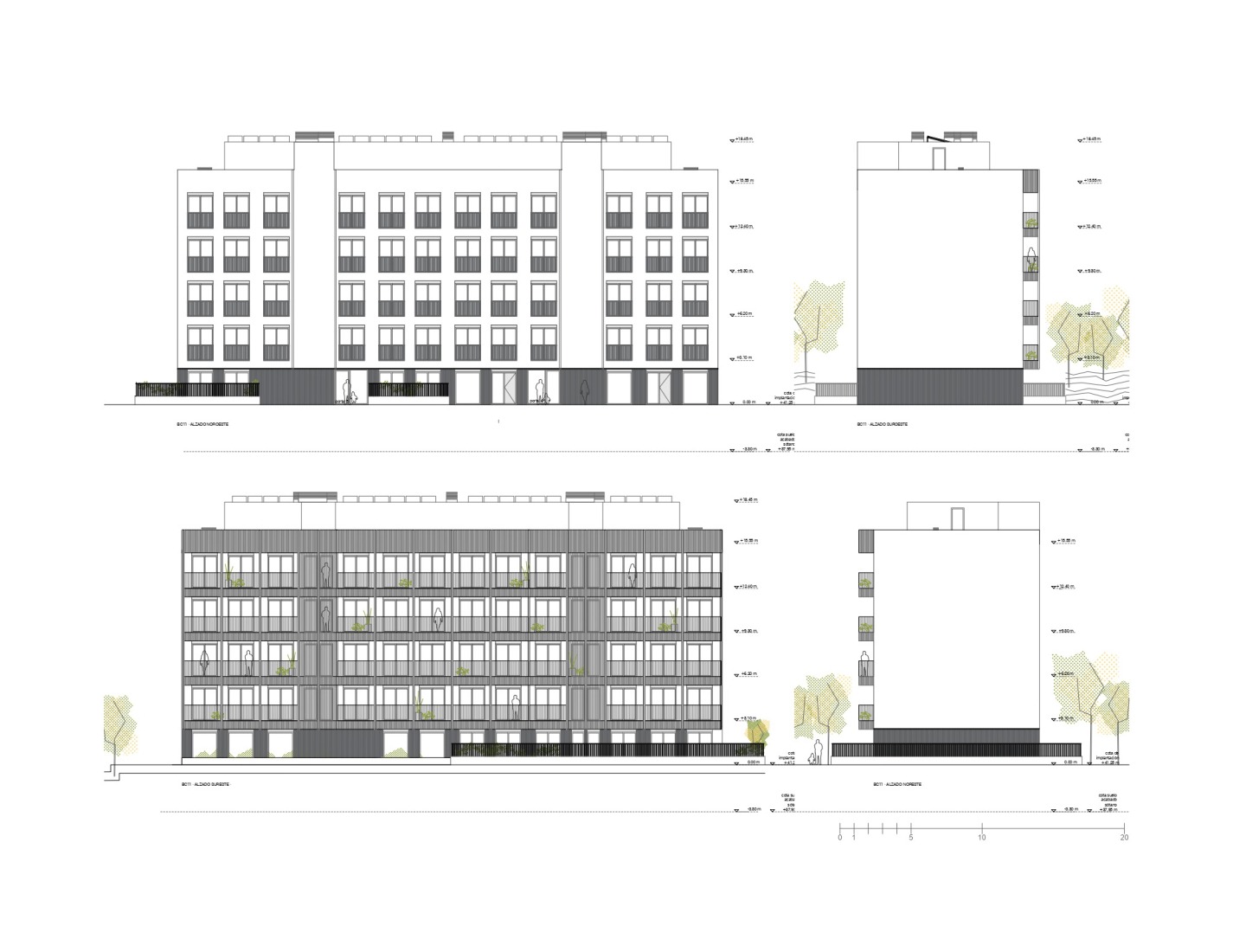 Alzados. 4 edificios de 74 viviendas sociales en Valdecorvos por Díaz y Díaz Arquitectos.