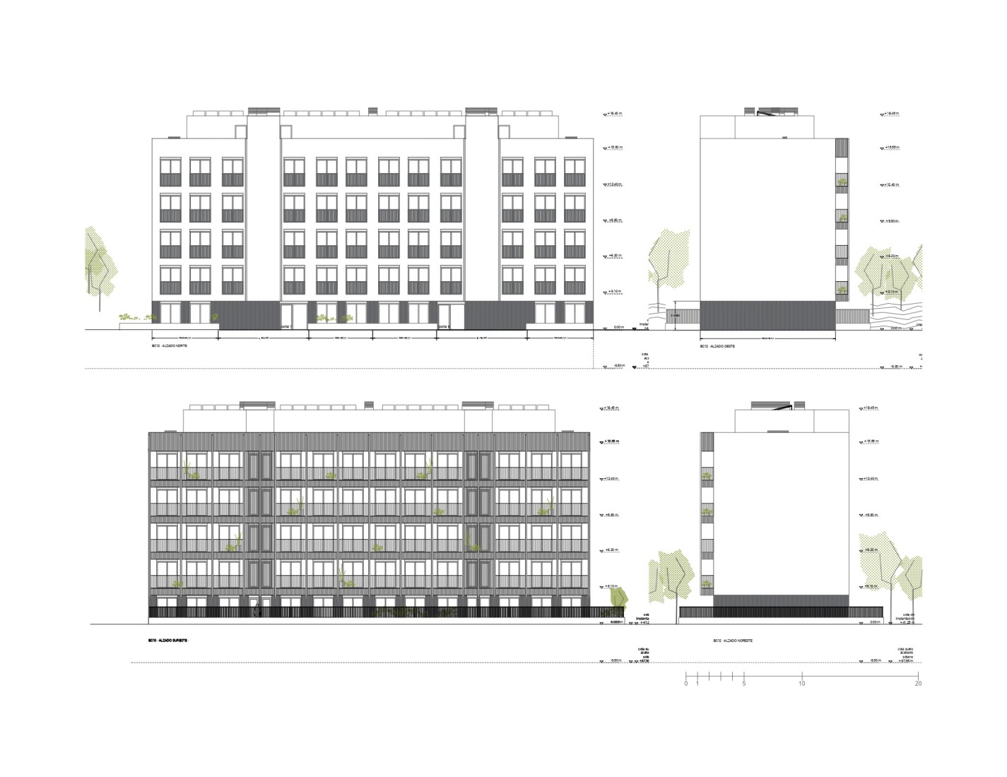 Alzados. 4 edificios de 74 viviendas sociales en Valdecorvos por Díaz y Díaz Arquitectos.