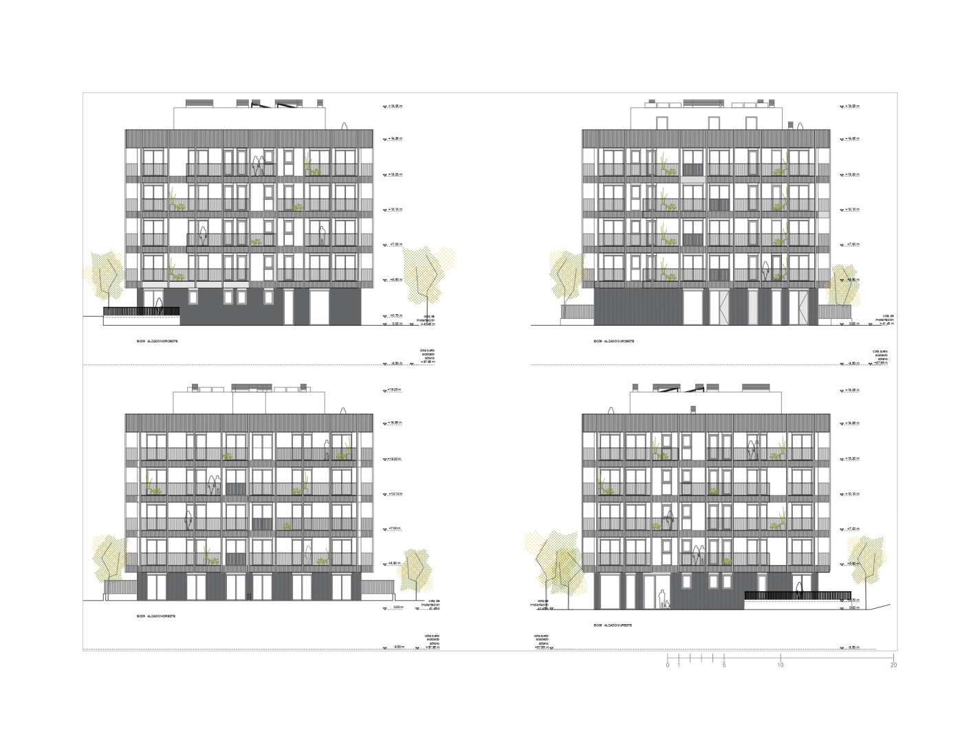 Alzados. 4 edificios de 74 viviendas sociales en Valdecorvos por Díaz y Díaz Arquitectos.