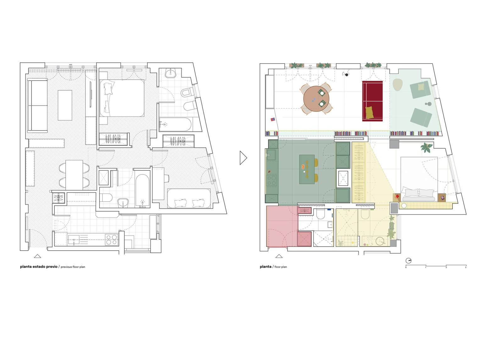 Floor plan before and after. Casa POP by gon architects.