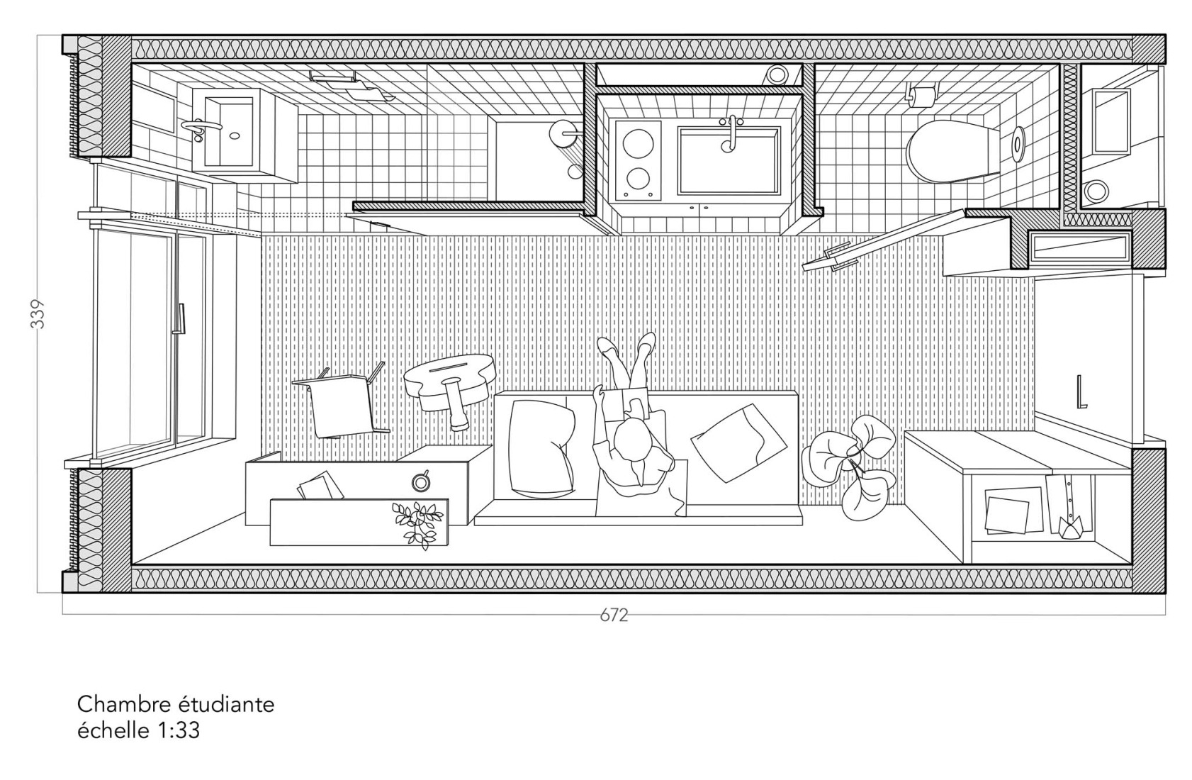 Plano de planta de habitación de estudiante. Residencia de estudiantes Lourmel por MARS Architectes.