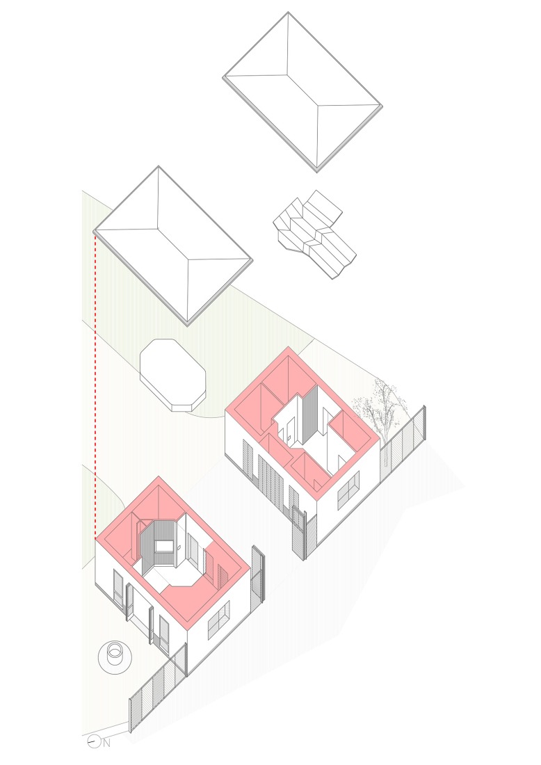 Axonometric drawing of the pavilions. Restoration of the gardens of the Vista Alegre Estate by Mónica Alberola.