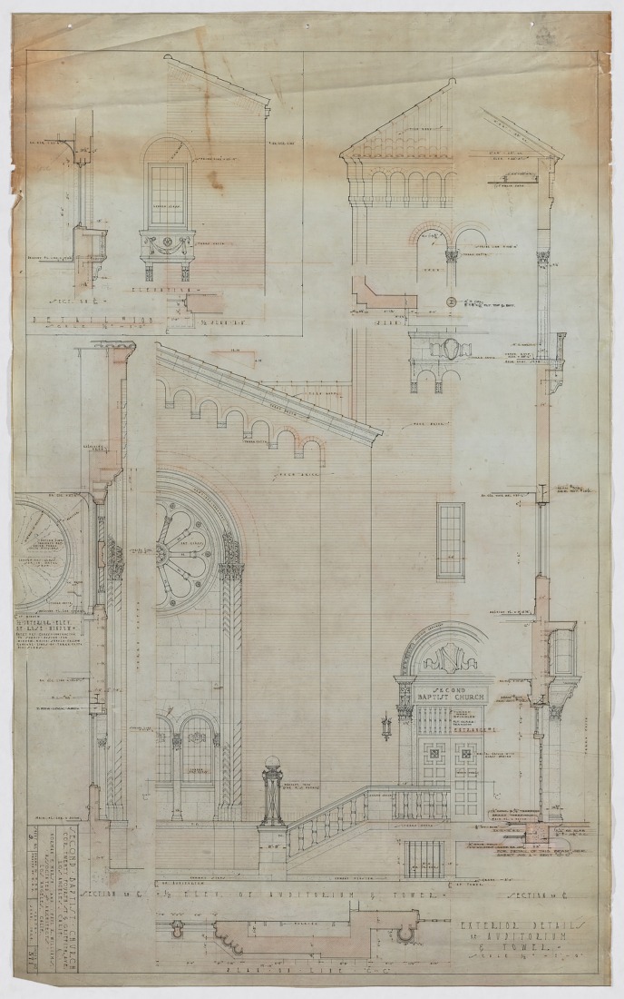 Second Baptist Church (exterior details), ca. 1924, by Norman F. Marsh (American, 1871-1955) and Paul R. Williams (American, 1894-1980), graphite on paper. Jointly owned by the Getty Research Institute and the University of Southern California School of Architecture, 2020.M.6. Courtesy of Della M. Williams Trust Dated December 15, 1988.