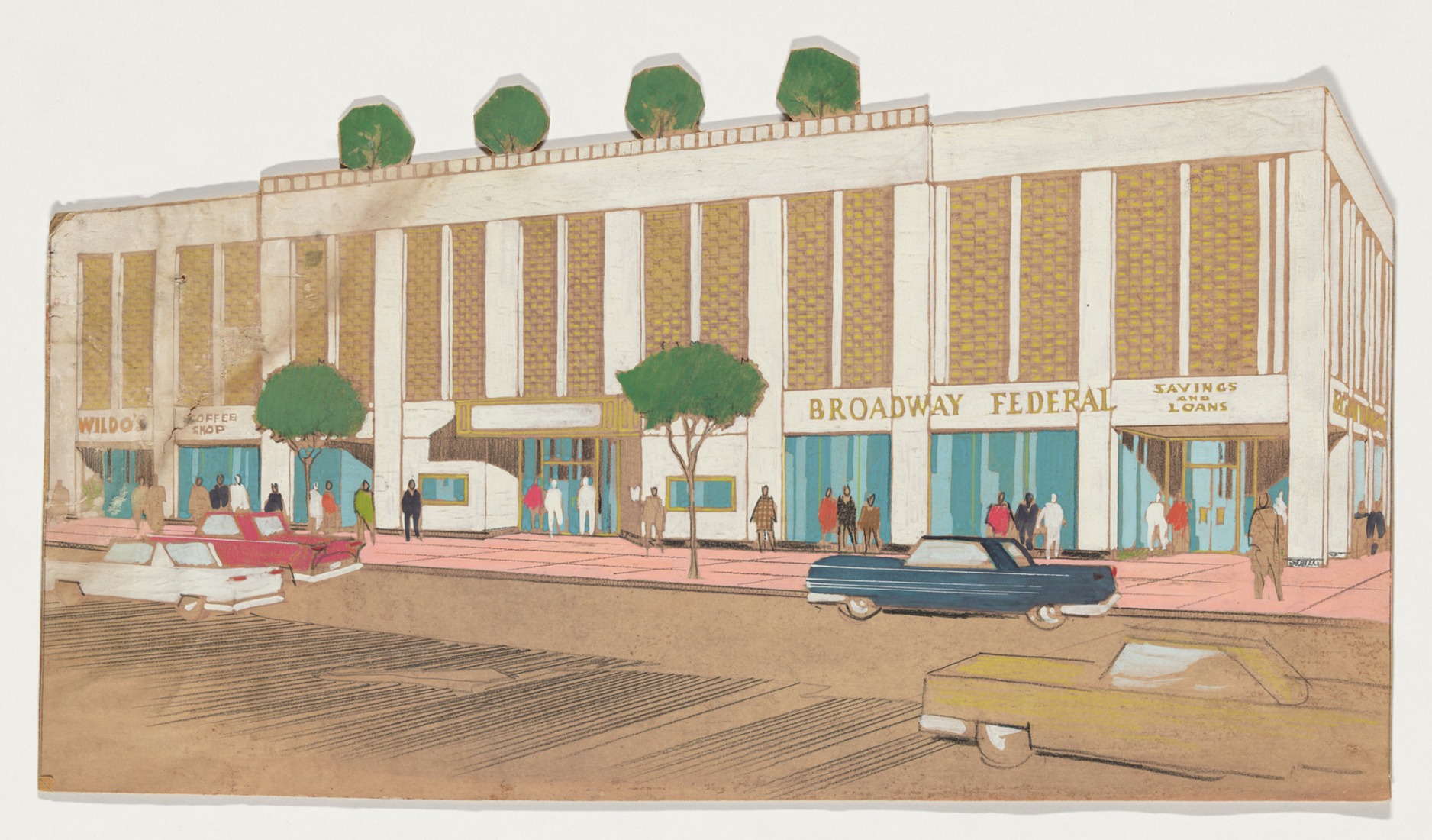 Broadway Federal Savings and Loans (perspective rendering Cutout), ca. 1954, by Paul R. Williams, (American, 1894–1980), mixed media on paper. Jointly owned by the Getty Research Institute and the University of Southern California School of Architecture, 2020.M.6. Courtesy of Della M. Williams Trust Dated December 15, 1988.