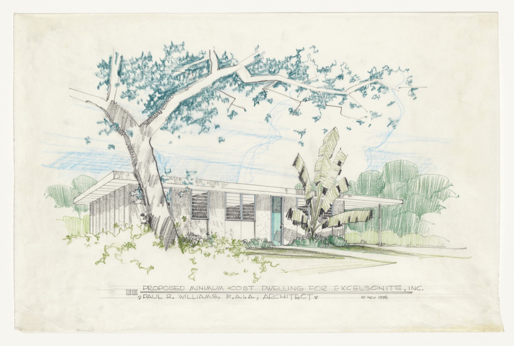 Minimum Cost Dwelling for Excelsonite, Inc. (perspective rendering), ca. 1958, by Paul R. Williams, (American, 1894–1980), graphite and colored pencil on paper. Jointly owned by the Getty Research Institute and the University of Southern California School of Architecture, 2020.M.6. Courtesy of Della M. Williams Trust Dated December 15, 1988.