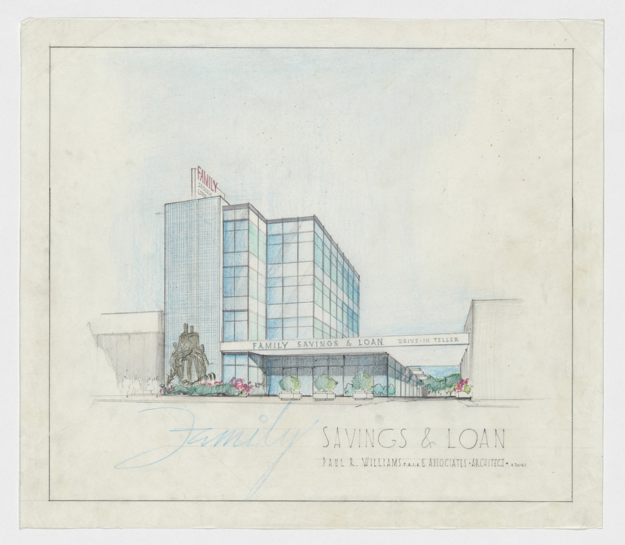 Family Savings and Loan (perspective rendering), 1962, by Paul R. Williams, (American, 1894–1980), graphite and colored pencil on paper. Jointly owned by the Getty Research Institute and the University of Southern California School of Architecture, 2020.M.6. Courtesy of Della M. Williams Trust Dated December 15, 1988.