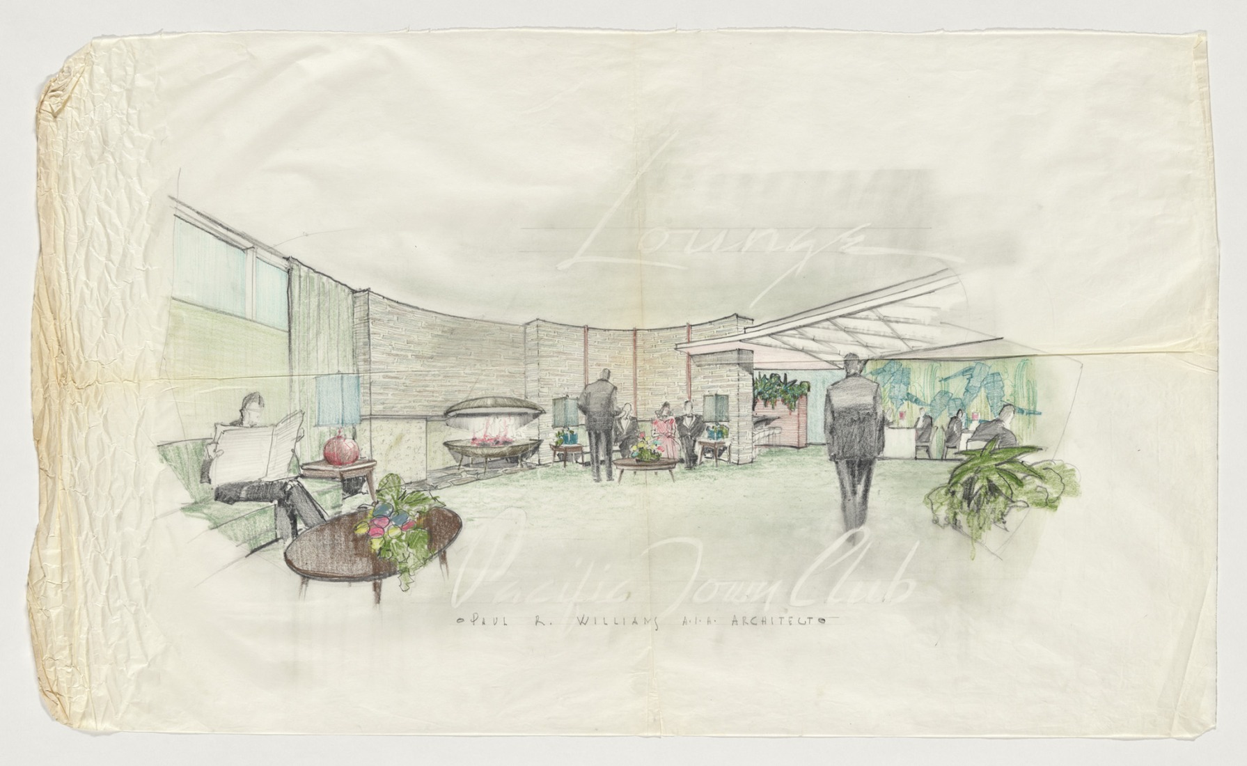 Pacific Town Club (interior rendering), ca. 1951, by Paul R. Williams, (American, 1894–1980), graphite and colored pencil on paper. Jointly owned by the Getty Research Institute and the University of Southern California School of Architecture, 2020.M.6. Courtesy of Della M. Williams Trust Dated December 15, 1988.