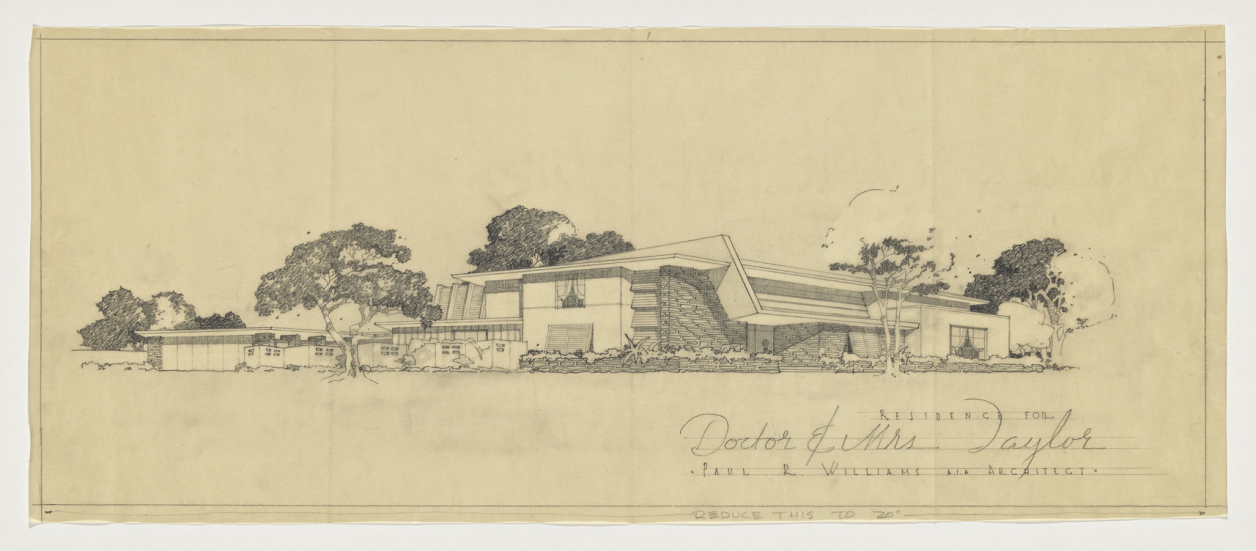 Residence for Dr. and Mrs. Taylor (perspective rendering), 1953, by Paul R. Williams, (American, 1894–1980), graphite on paper. Jointly owned by the Getty Research Institute and the University of Southern California School of Architecture, 2020.M.6. Courtesy of Della M. Williams Trust Dated December 15, 1988.