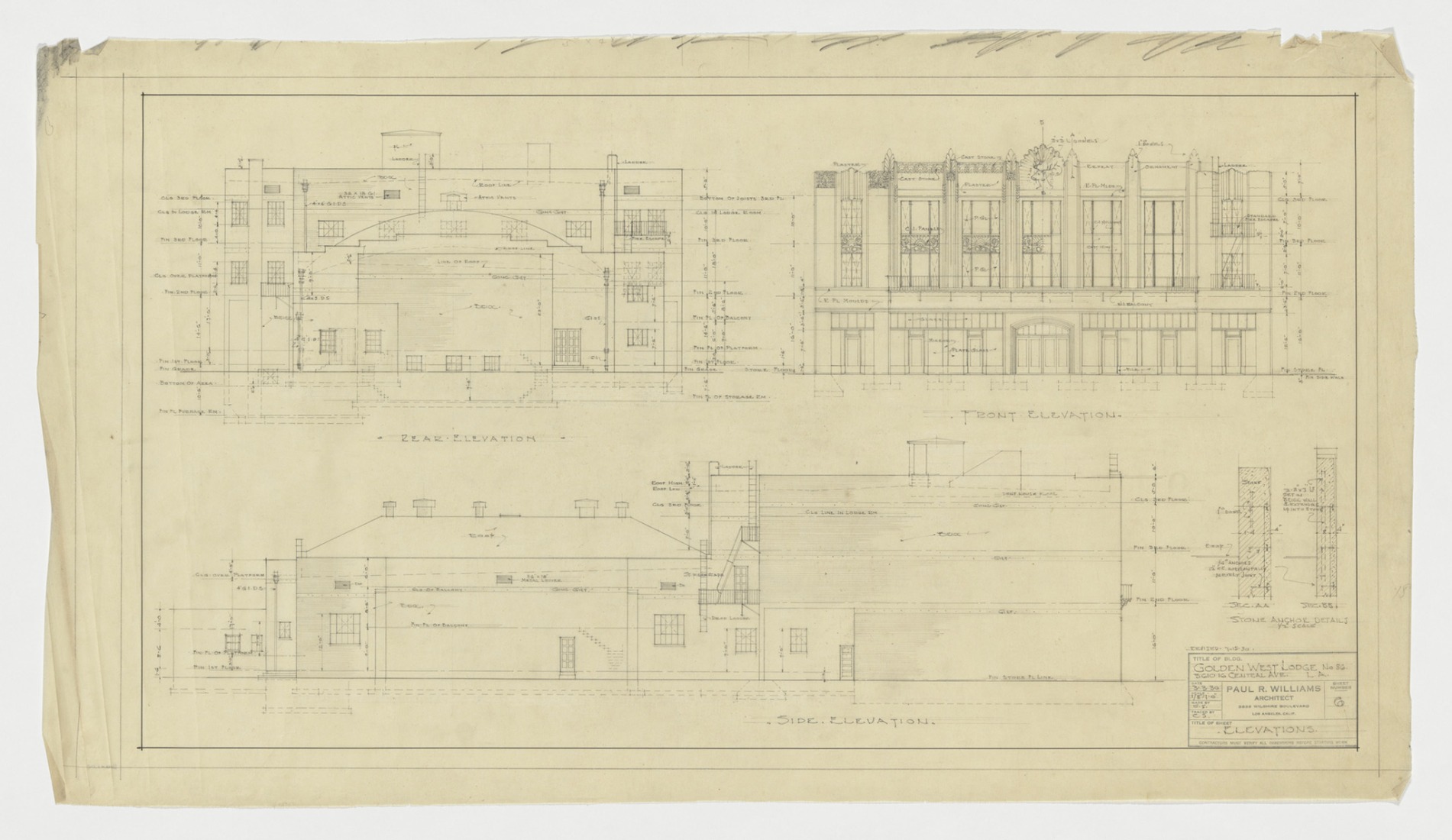 Golden West Lodge no. 86 (elevations), ca. 1930, by Paul R. Williams, (American, 1894–1980), graphite on paper. Jointly owned by the Getty Research Institute and the University of Southern California School of Architecture, 2020.M.6. Courtesy of Della M. Williams Trust Dated December 15, 1988.