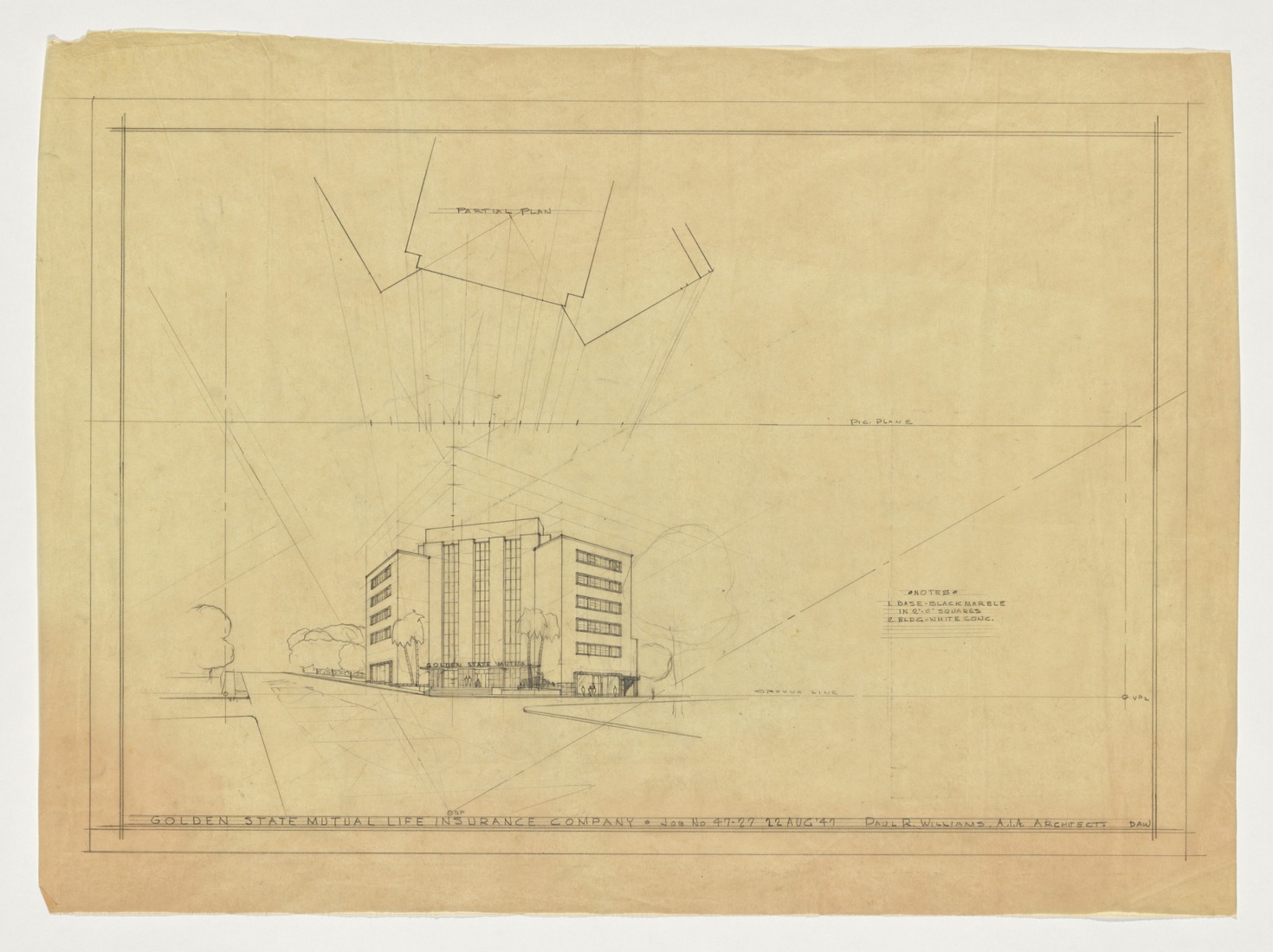 Golden State Mutual Life Insurance Company, (perspective sketch), ca. 1947, by Paul R. Williams, (American, 1894–1980), graphite on paper. Jointly owned by the Getty Research Institute and the University of Southern California School of Architecture, 2020.M.6. Courtesy of Della M. Williams Trust Dated December 15, 1988.