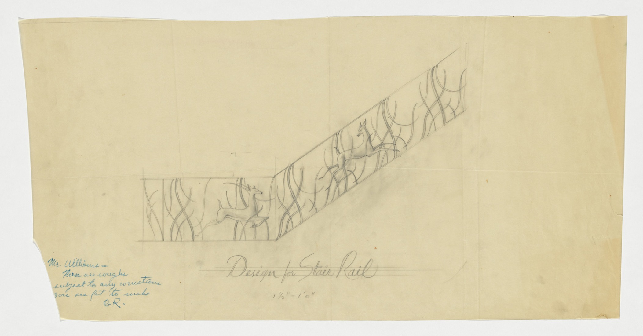 Residence of Paul R. and Della Williams, Design for Stair Rail, ca. 1950, by Paul R. Williams, (American, 1894–1980), graphite on paper. Jointly owned by the Getty Research Institute and the University of Southern California School of Architecture, 2020.M.6. Courtesy of Della M. Williams Trust Dated December 15, 1988.