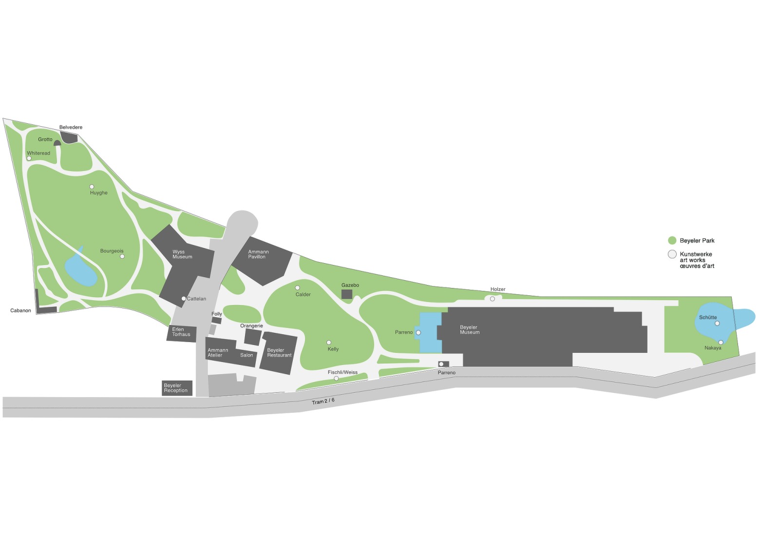 Plano del conjunto de la fundación. El conjunto ampliado de la Fondation Beyeler: el Pabellón Ammann por Atelier Peter Zumthor. 
