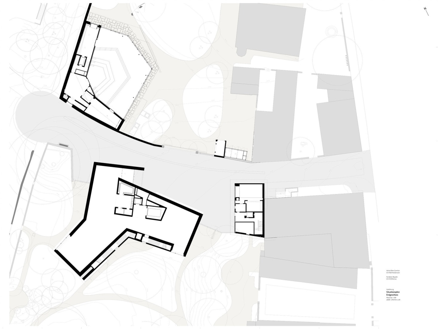 Plano de situación de la ampliación. El conjunto ampliado de la Fondation Beyeler: el Pabellón Ammann por Atelier Peter Zumthor. 