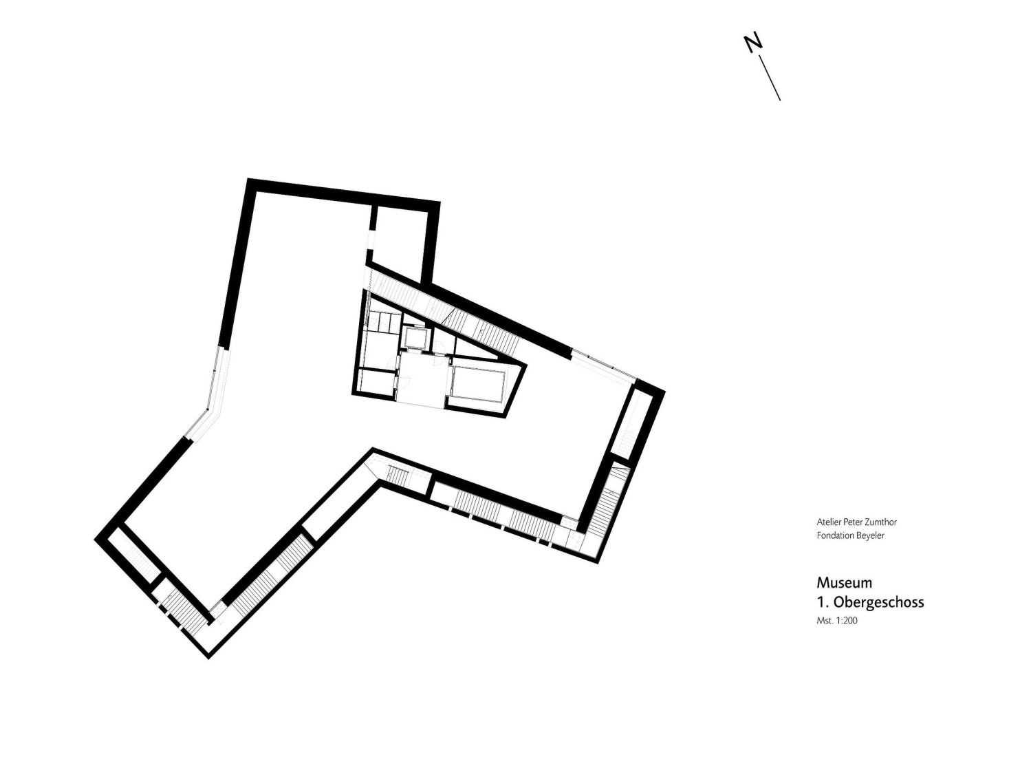 Plano de planta primera del Museo Wyss. El conjunto ampliado de la Fondation Beyeler: el Pabellón Ammann por Atelier Peter Zumthor. 