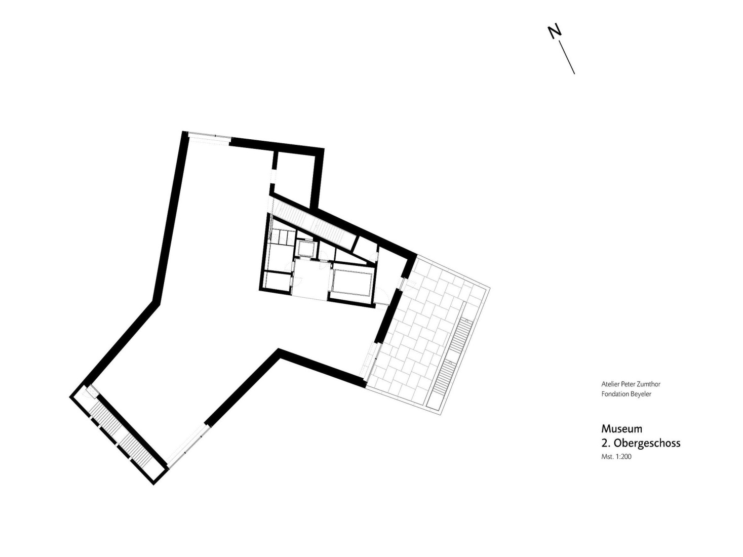 Plano de planta segunda del Museo Wyss. El conjunto ampliado de la Fondation Beyeler: el Pabellón Ammann por Atelier Peter Zumthor. 