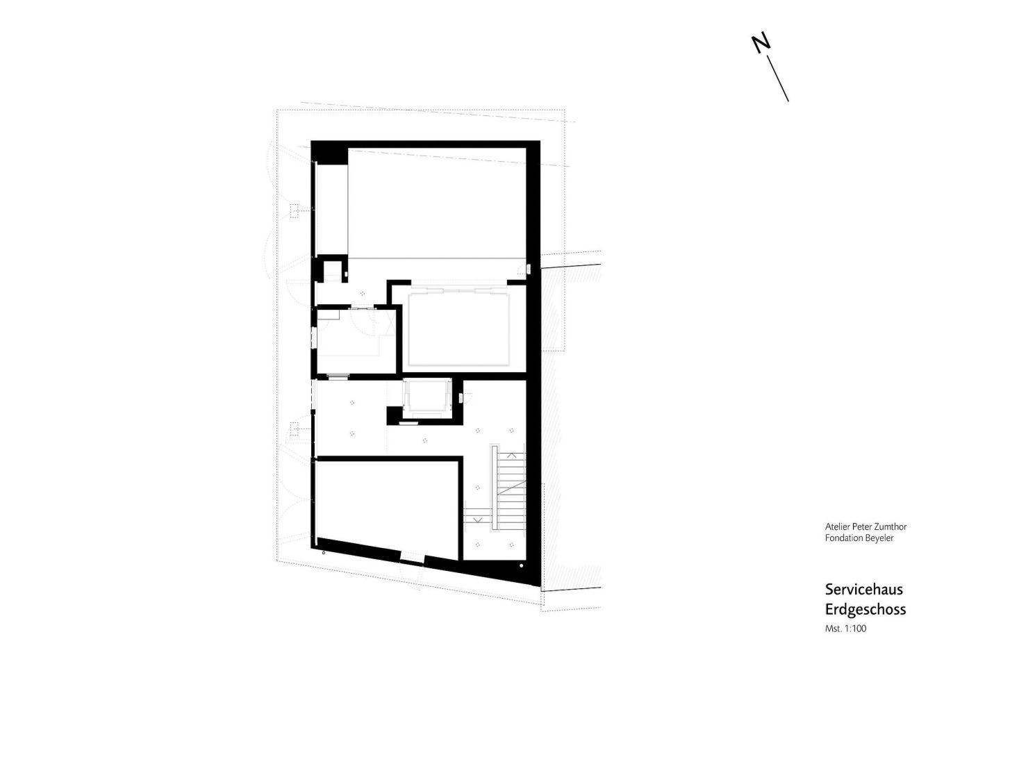 Plano de planta del Erlen Torhaus. El conjunto ampliado de la Fondation Beyeler: el Pabellón Ammann por Atelier Peter Zumthor. 