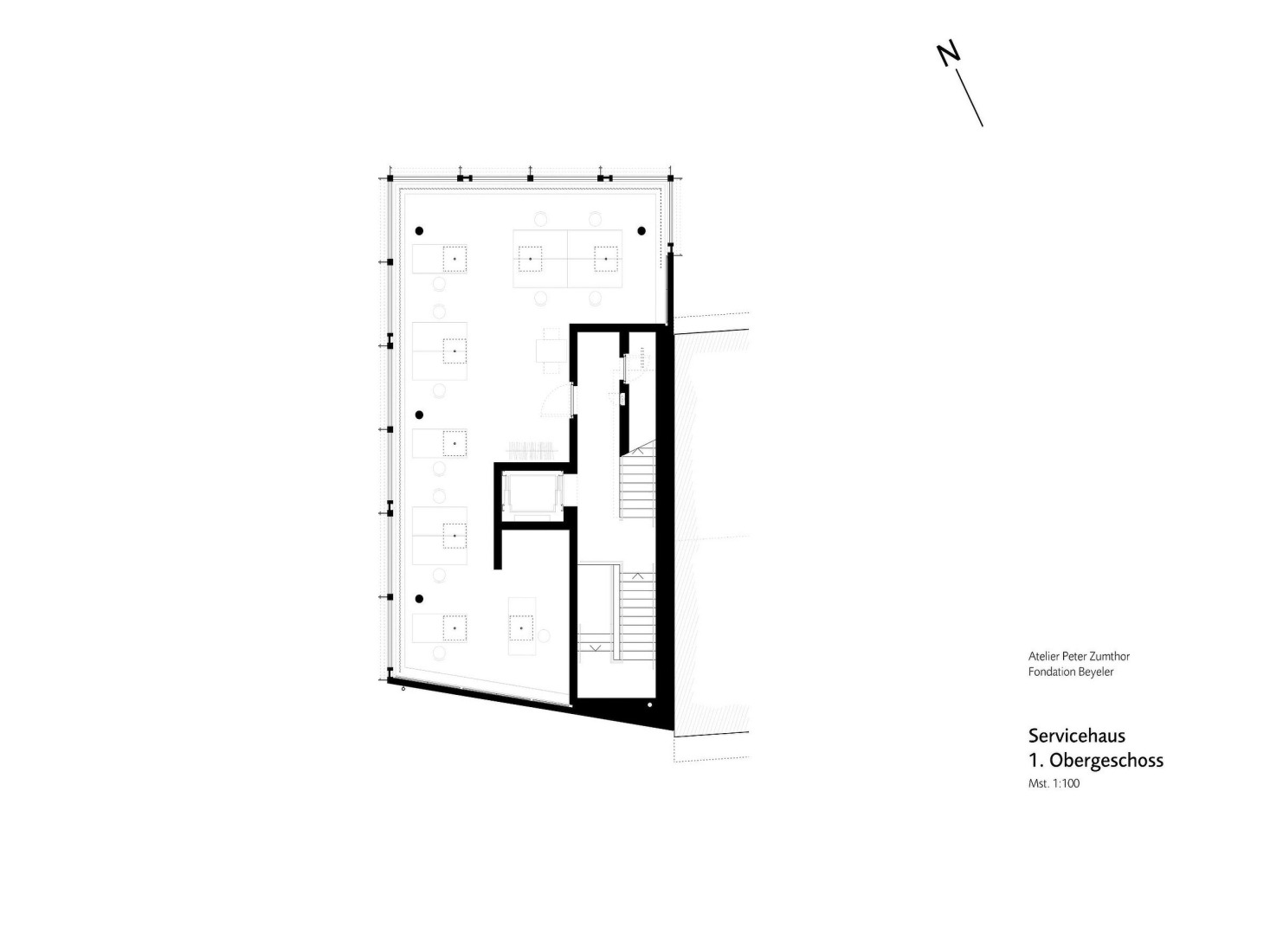 Plano de planta primera del Erlen Torhaus. El conjunto ampliado de la Fondation Beyeler: el Pabellón Ammann por Atelier Peter Zumthor. 