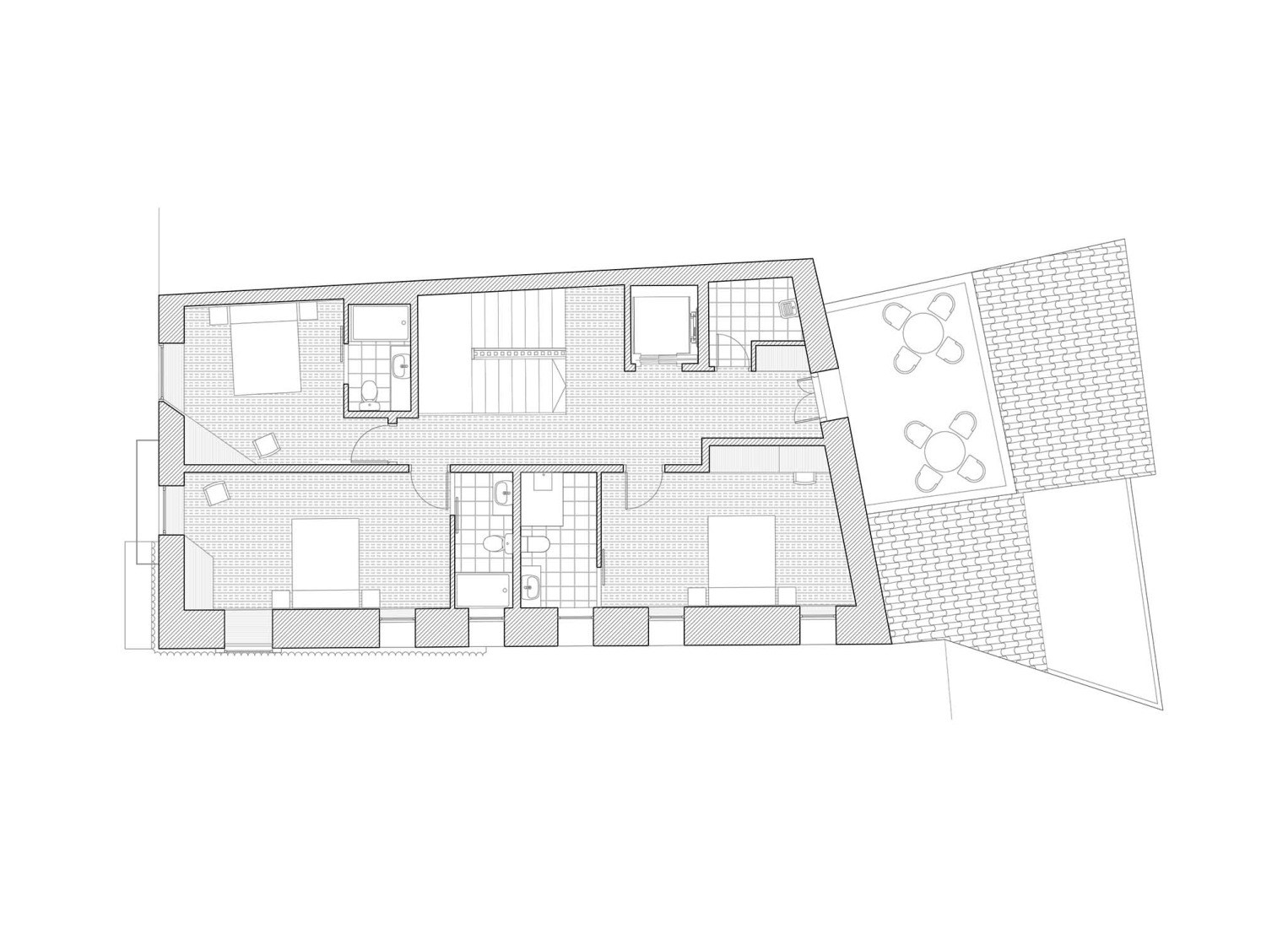 Plano de segunda planta. Hotel en Sigüés por Sebastián Arquitectos. 