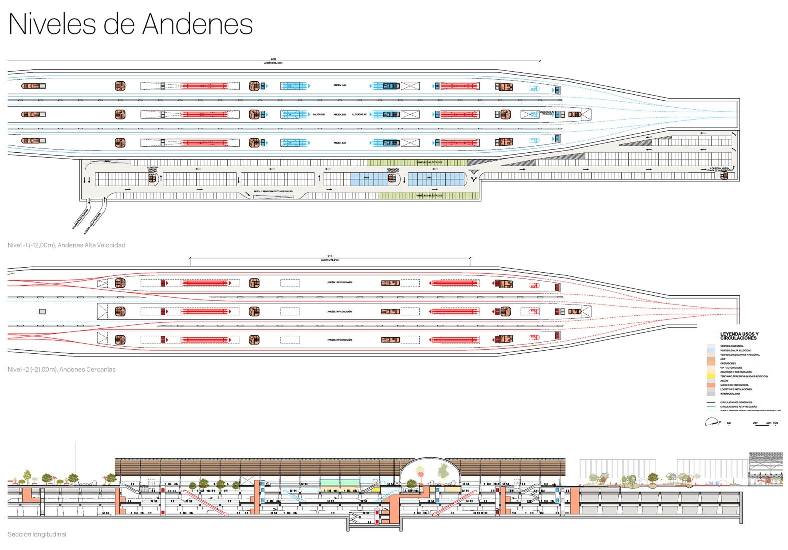 Floor plans and section. New Valencia Central Station by RSHP, ERRE, and Sener.