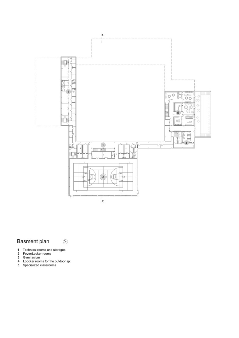 Plano de planta sótano. Escuela Primaria LOŠBATES por Pelletier de Fontenay + SOA architects.