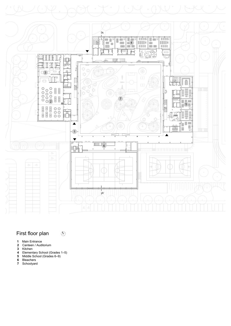 Plano de primera planta. Escuela Primaria LOŠBATES por Pelletier de Fontenay + SOA architects.