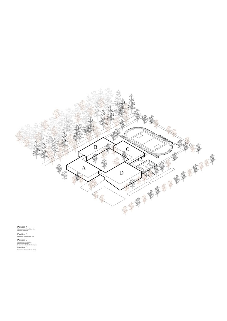 Axonometría. Escuela Primaria LOŠBATES por Pelletier de Fontenay + SOA architects.