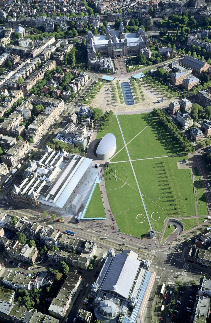 Overview of the Museumplein. Counterclock-wise from top Rijksmuseum, Van Gogh Museum, Stedelijk Museum, Concertgebouw. Photograph by KLM Carto.