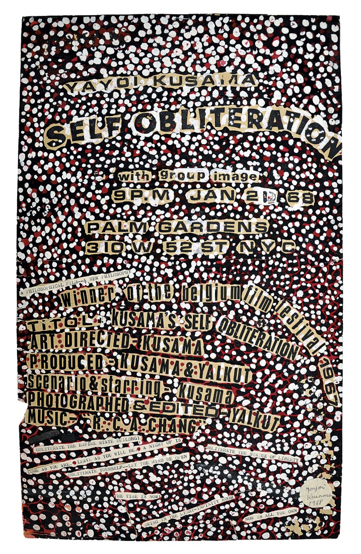 Self-Obliteration (diseño original foro póster) (Auto-Obliteración-diseño original para un póster), 1968. Collage con guache y tinta sobre papel. 46 x 28 cm. Imagen cortesía de Yayoi Kusama.
