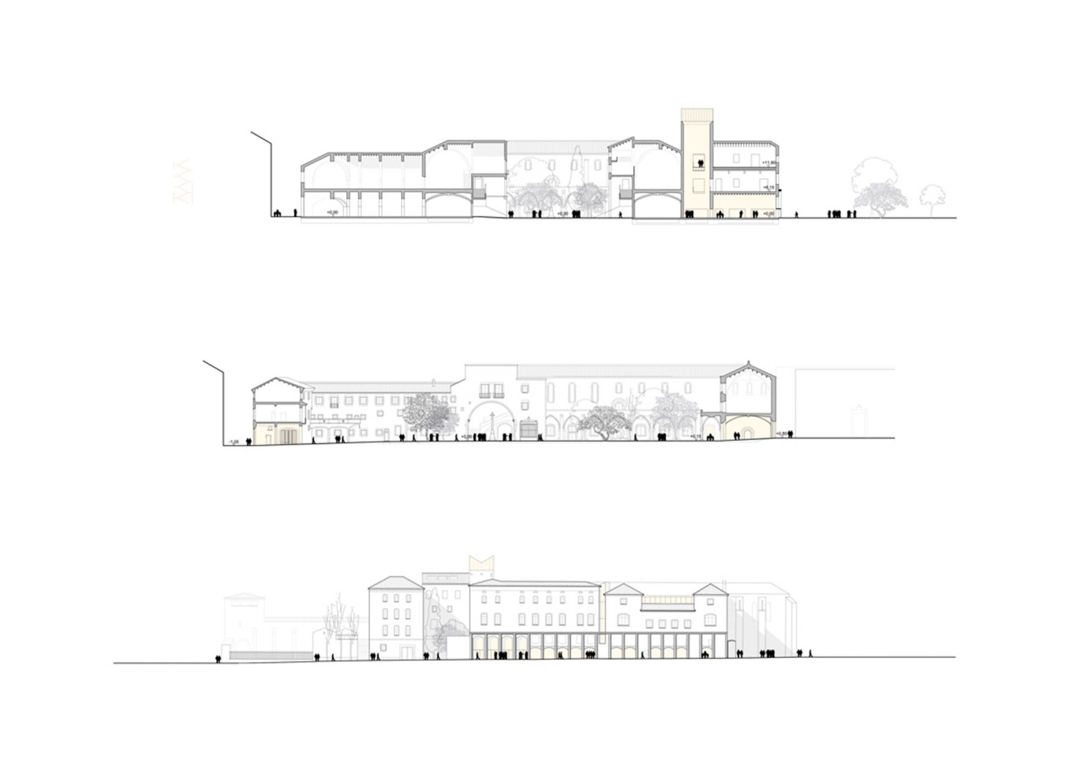 Elevations and section. Renovation of the former Hospital de la Santa Creu in Barcelona by BAAS and h3o architects. by BAAS and h3o architects.