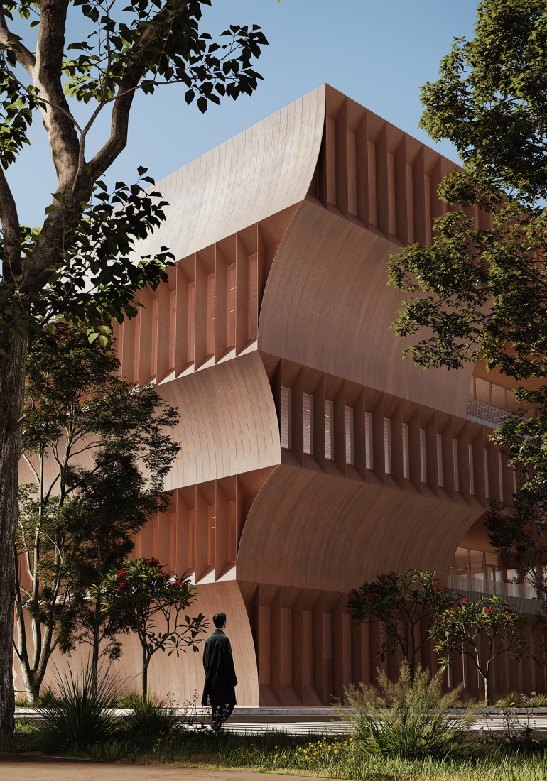 Facade Close up. Bentonville Institute of Technology by BIG-Bjarke Ingels Group. Rendering courtesy of BIG-Bjarke Ingels Group.