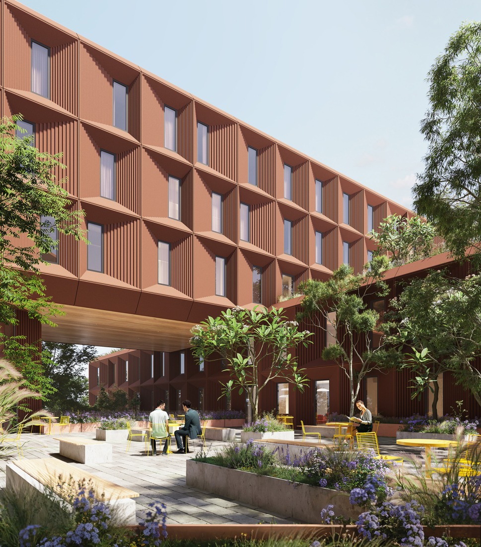 Courtyard View. Bentonville Institute of Technology by BIG-Bjarke Ingels Group. Rendering courtesy of BIG-Bjarke Ingels Group.