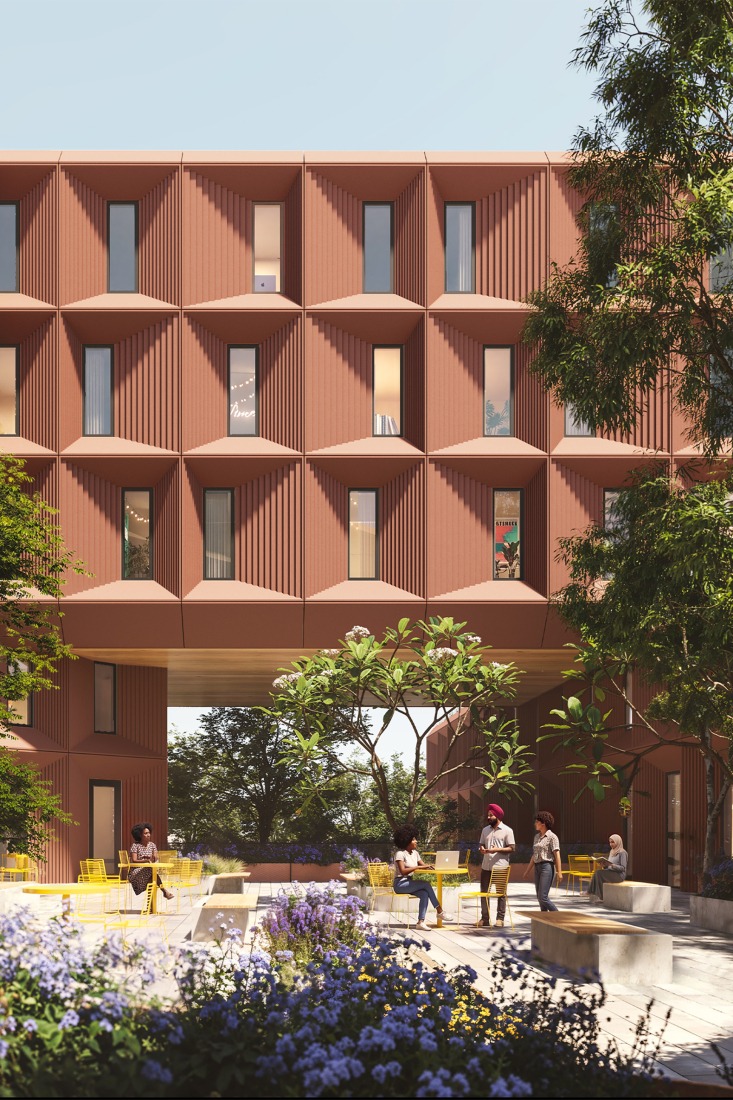 Courtyard View. Bentonville Institute of Technology by BIG-Bjarke Ingels Group. Rendering courtesy of BIG-Bjarke Ingels Group.