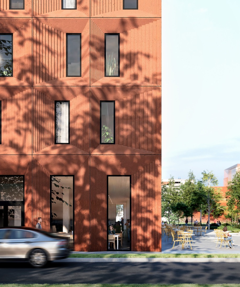 Facade View. Bentonville Institute of Technology by BIG-Bjarke Ingels Group. Rendering courtesy of BIG-Bjarke Ingels Group.