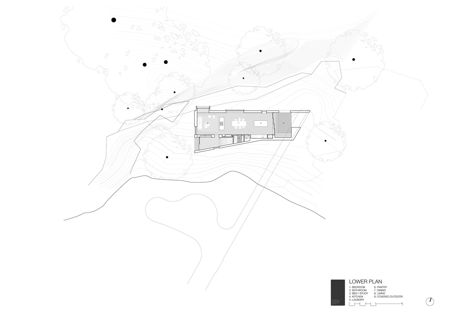 Plano de planta inferior. Casa EA por Bokey Grant.